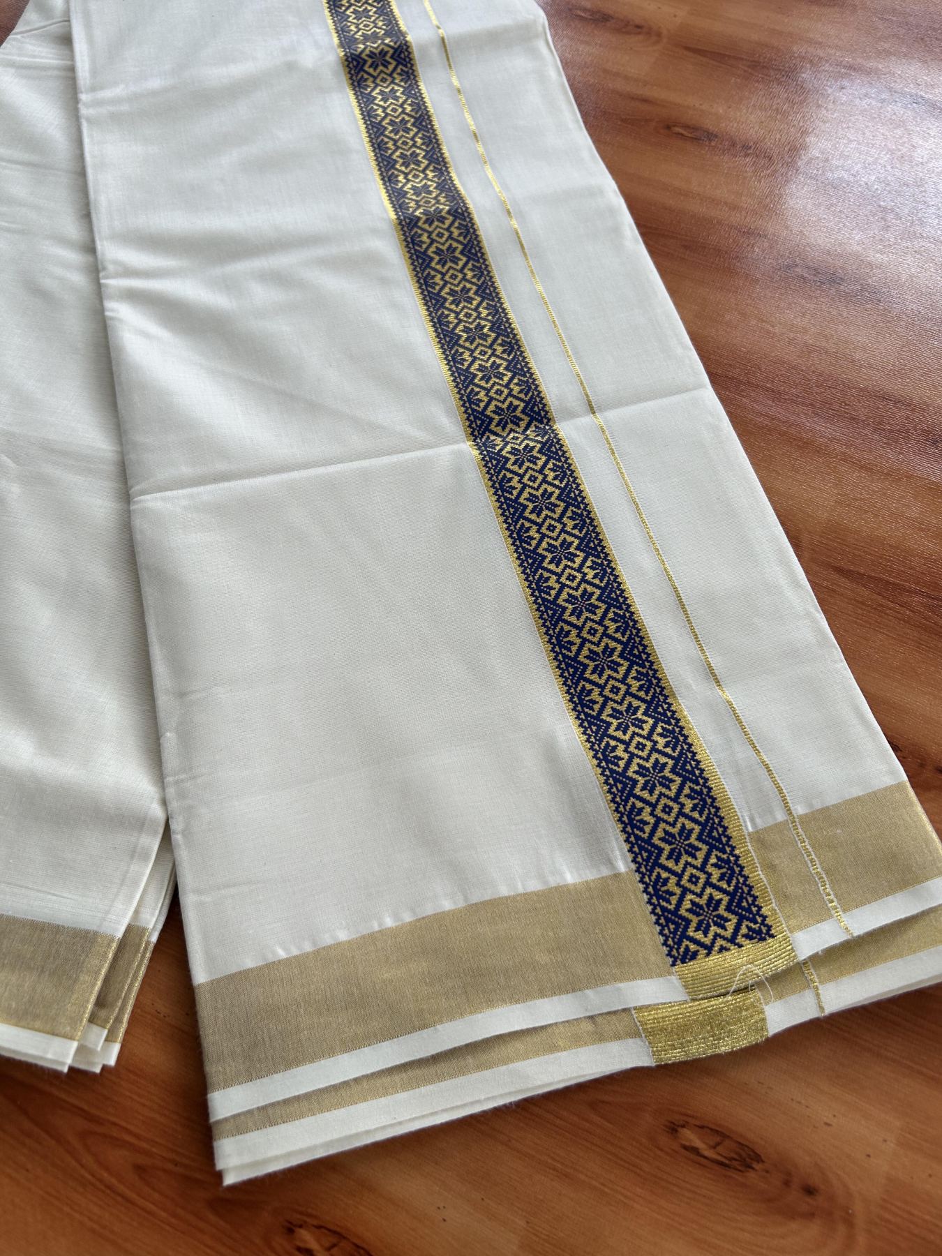 Double Off White - (Unbleached) Mundu/Dhoti- 20% Discount!! KaithariKada Balaramapuram 100% Cotton 60s - 1.5 inch Gold Kasav with Blue Printed Design Kara - 11 KK5408 GAN