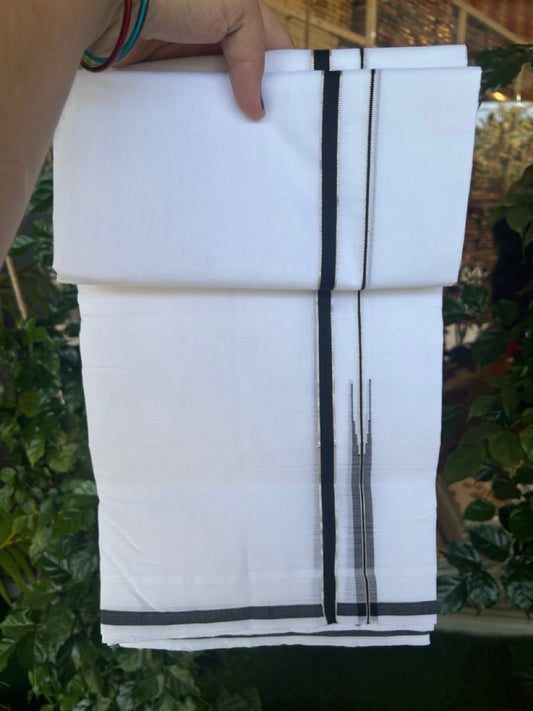 25% Discount!! NEW ULTRA PURE WHITE HANDLOOM Balaramapuram - 100% Mercerised Cotton Double Mundu/Dhoti - 120(Twisted) x 80 - 0.5 inch Black Silver Puliyilakkara Chutty - 3KK5195REA