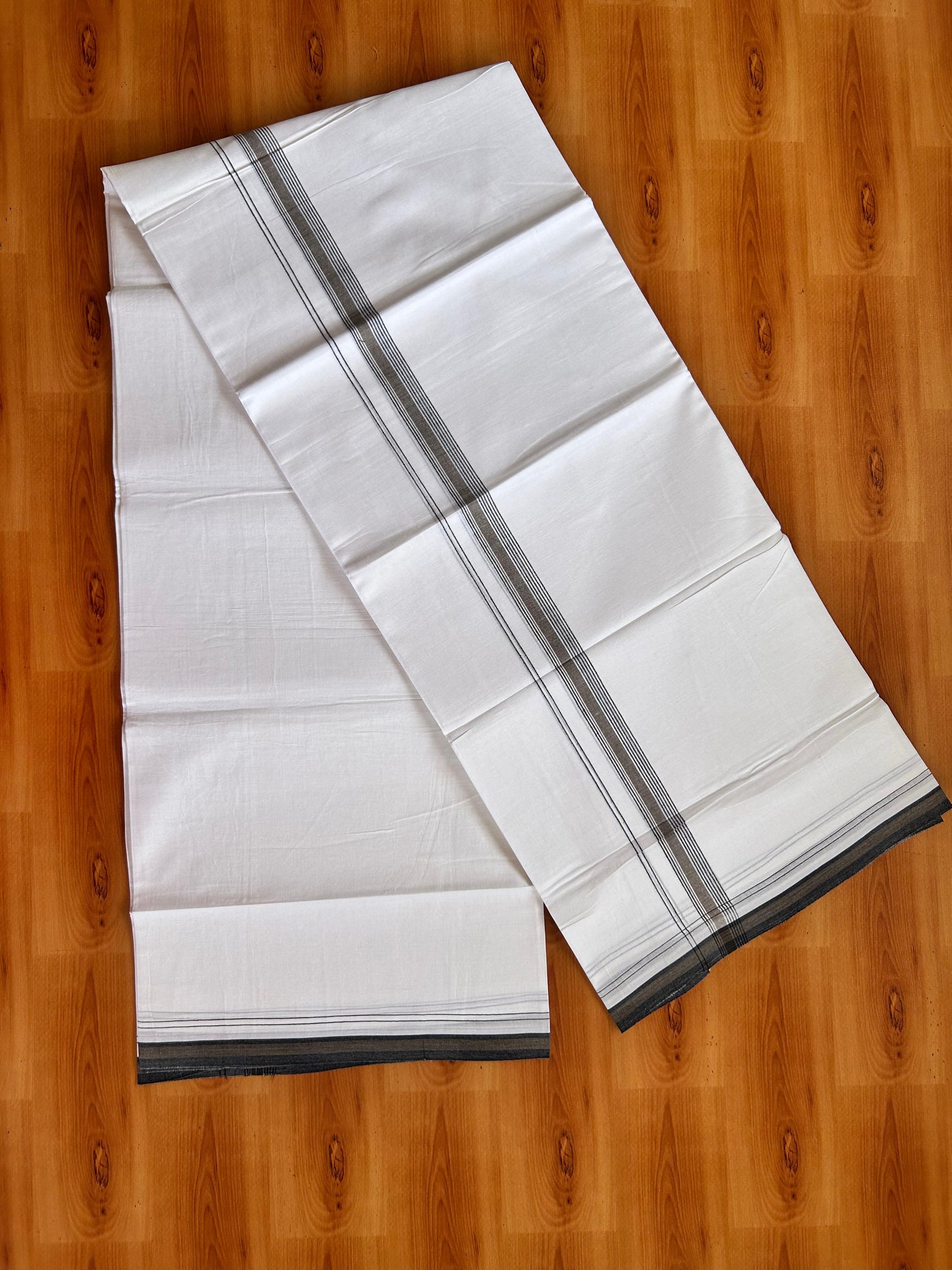 Pure White Double Mundu/Dhoti - 20% Discount ! Kaitharikada 100% Cotton  - 100x80 - 0.75 inch Black & Brown Stripes Kara 3.90 mtr (8.5 muzham) - 15 KK5490 VAS