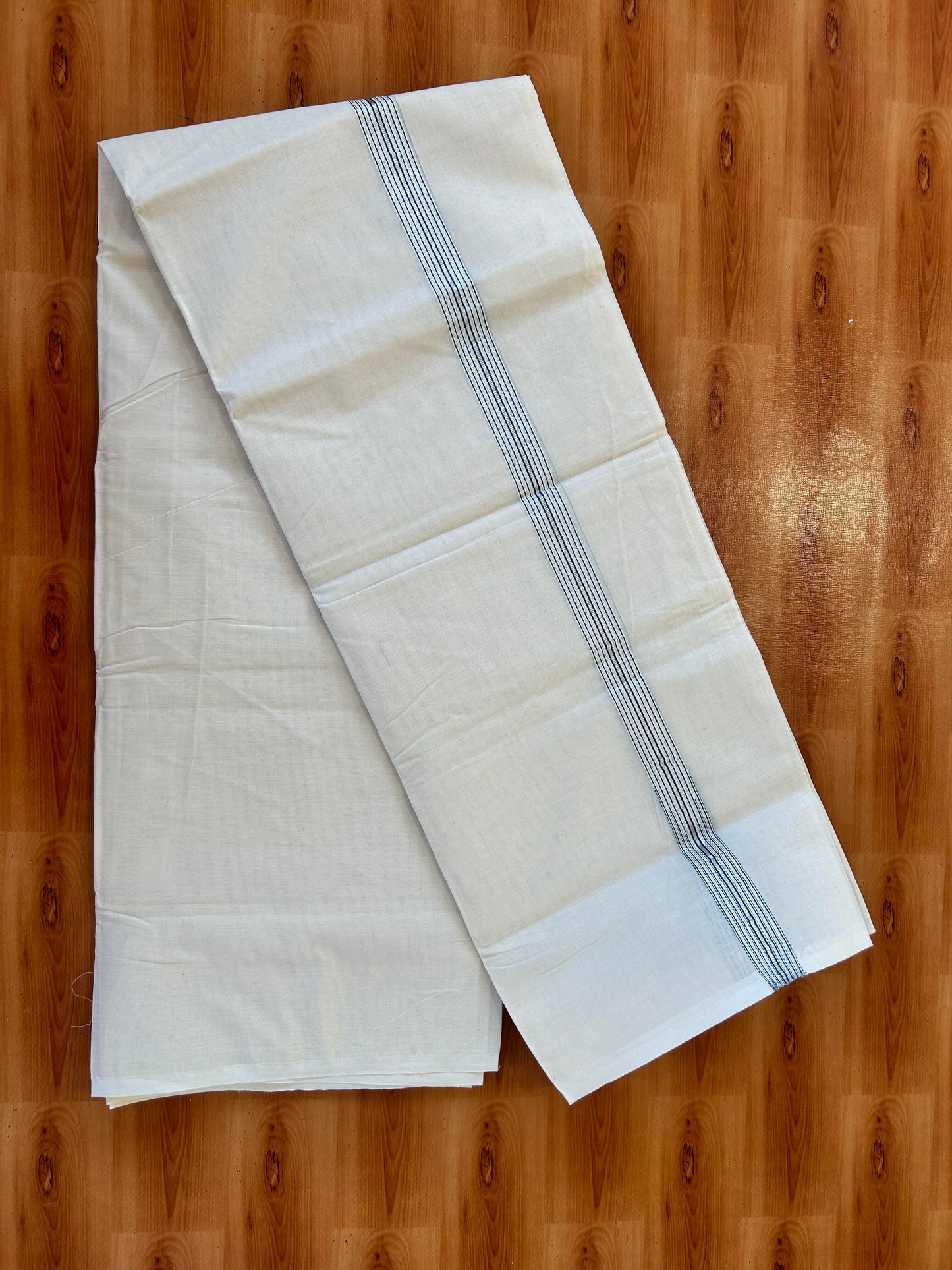 Double Off white Mundu/Dhoti - 20% Discount! KaithariKada Balaramapuram - 100% Cotton  100x100 - 1.25 inch Puliyilakkara Silver Kasav & Peacock Blue 12 Line Chutty Kara - 4 mtr (8.5 muzham) - 10 KK5457 ASH