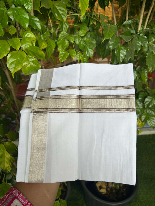 20% Discount!! KaithariKada Balaramapuram 100% Cotton Double Pure White Mundu/Dhoti - 100x100 - 1.5 inch Silver Kasav & Brown Design Kara 3.90 mtr (8 muzham) - 5 KK5309 GAN