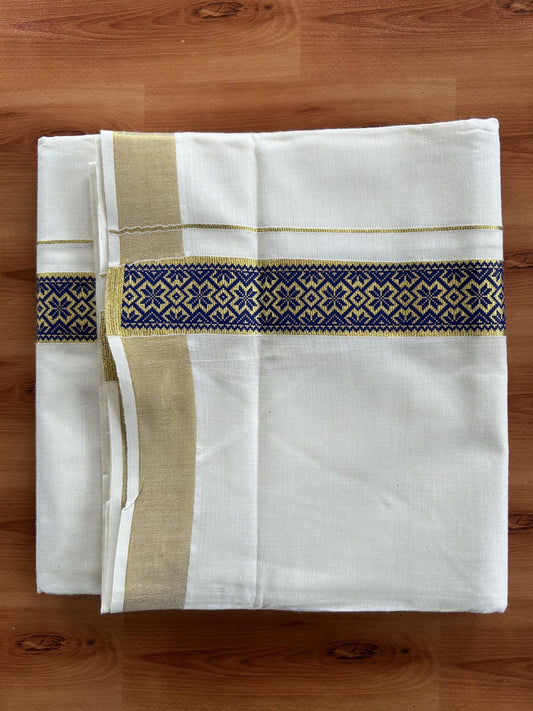Double Off White - (Unbleached) Mundu/Dhoti- 20% Discount!! KaithariKada Balaramapuram 100% Cotton 60s - 1.5 inch Gold Kasav with Blue Printed Design Kara - 11 KK5408 GAN