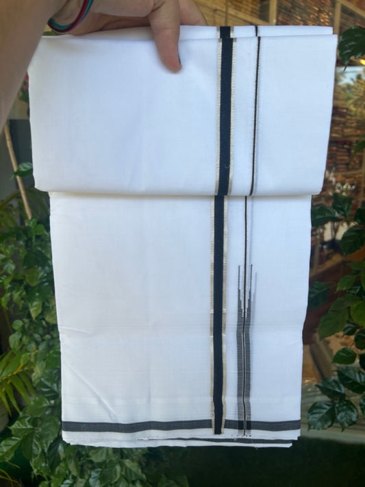 25% Discount!! NEW ULTRA PURE WHITE HANDLOOM Balaramapuram - 100% Mercerised Cotton Double Mundu/Dhoti - 120(Twisted) x 80 - 0.5 inch Black Silver Puliyilakkara Chutty - 2KK5195REA
