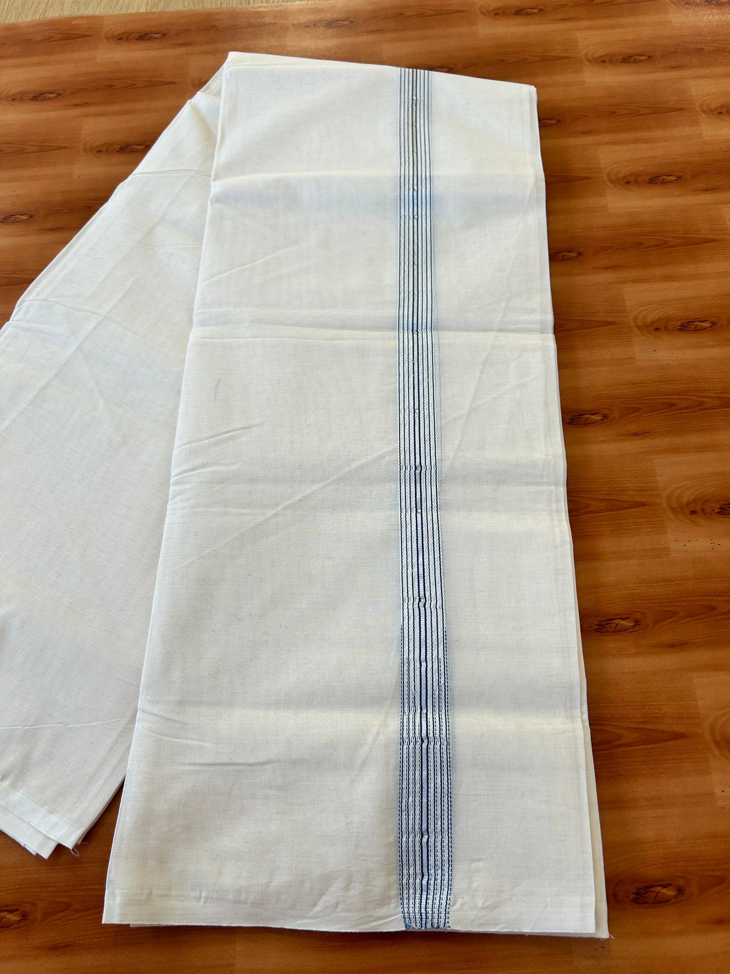 Double Off white Mundu/Dhoti - 20% Discount! KaithariKada Balaramapuram - 100% Cotton  100x100 - 1.25 inch Puliyilakkara Silver Kasav & Peacock Blue 12 Line Chutty Kara - 4 mtr (8.5 muzham) - 10 KK5457 ASH