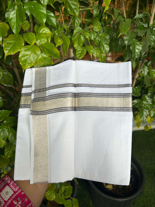 20% Discount!! KaithariKada Balaramapuram 100% Cotton Double Pure White Mundu/Dhoti - 100x100 - 1.5 inch Silver Kasav & Blue Design Kara 3.90 mtr (8 muzham) - 4 KK5309 GAN