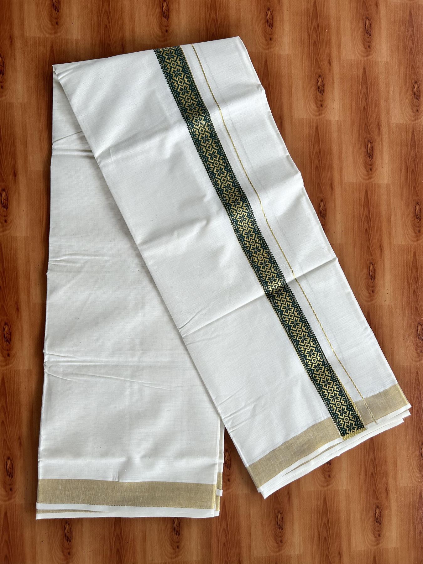 Double Off White - (Unbleached) Mundu/Dhoti- 20% Discount!! KaithariKada Balaramapuram 100% Cotton 60s - 1.5 inch Gold Kasav with Green Printed Design Kara - 12 KK5408 GAN