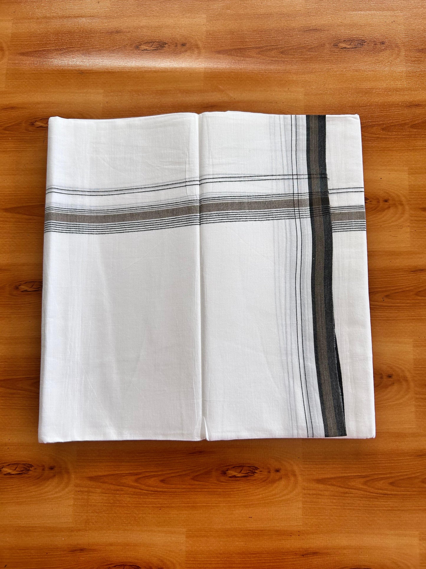 Pure White Double Mundu/Dhoti - 20% Discount ! Kaitharikada 100% Cotton  - 100x80 - 0.75 inch Black & Brown Stripes Kara 3.90 mtr (8.5 muzham) - 15 KK5490 VAS