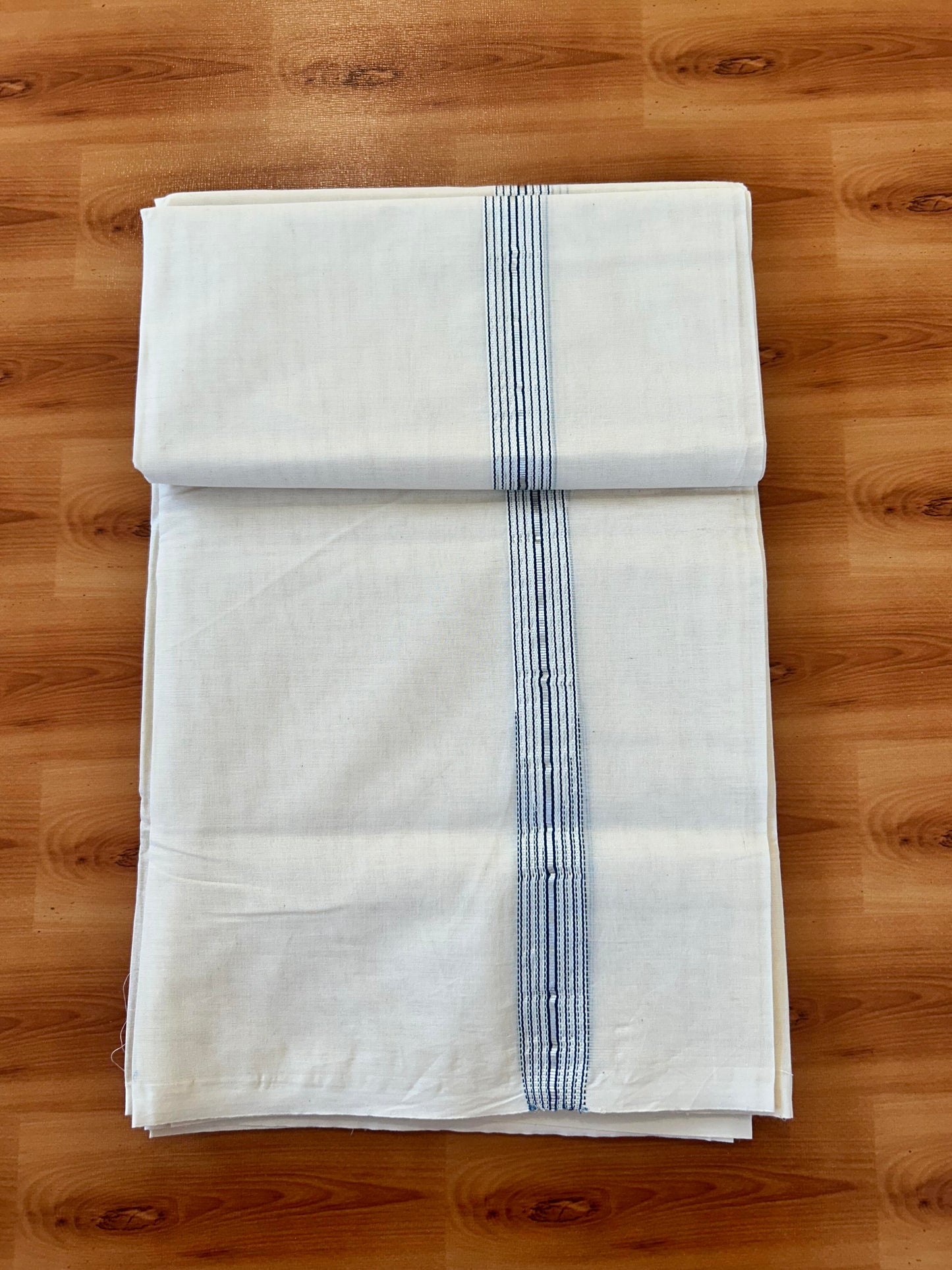 Double Off white Mundu/Dhoti - 20% Discount! KaithariKada Balaramapuram - 100% Cotton  100x100 - 1.25 inch Puliyilakkara Silver Kasav & Peacock Blue 12 Line Chutty Kara - 4 mtr (8.5 muzham) - 10 KK5457 ASH