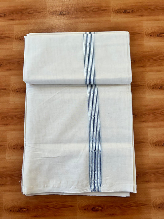 Double Off white Mundu/Dhoti - 20% Discount! KaithariKada Balaramapuram - 100% Cotton  100x100 - 1.25 inch Puliyilakkara Silver Kasav & Peacock Blue 12 Line Chutty Kara - 4 mtr (8.5 muzham) - 10 KK5457 ASH