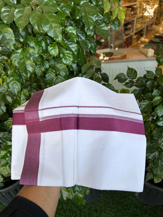 20% Discount ! Kaitharikada Balaramapuram 100% Cotton Pure White Double Mundu/Dothi - 100x80 - 1.5 inch Wine Purple Shaded Stripes Kara 3.90 m (8 muzham) - 57 KK5364 MC
