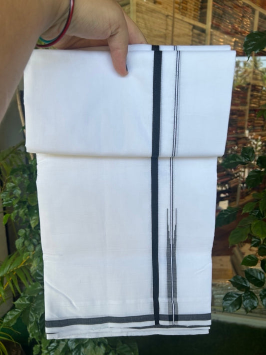 25% Discount!! NEW ULTRA PURE WHITE HANDLOOM Balaramapuram - 100% Mercerised Cotton Double Mundu/Dhoti - 120(Twisted) x 80 - 0.25 inch Black Puliyilakkara Chutty - 1KK5195REA