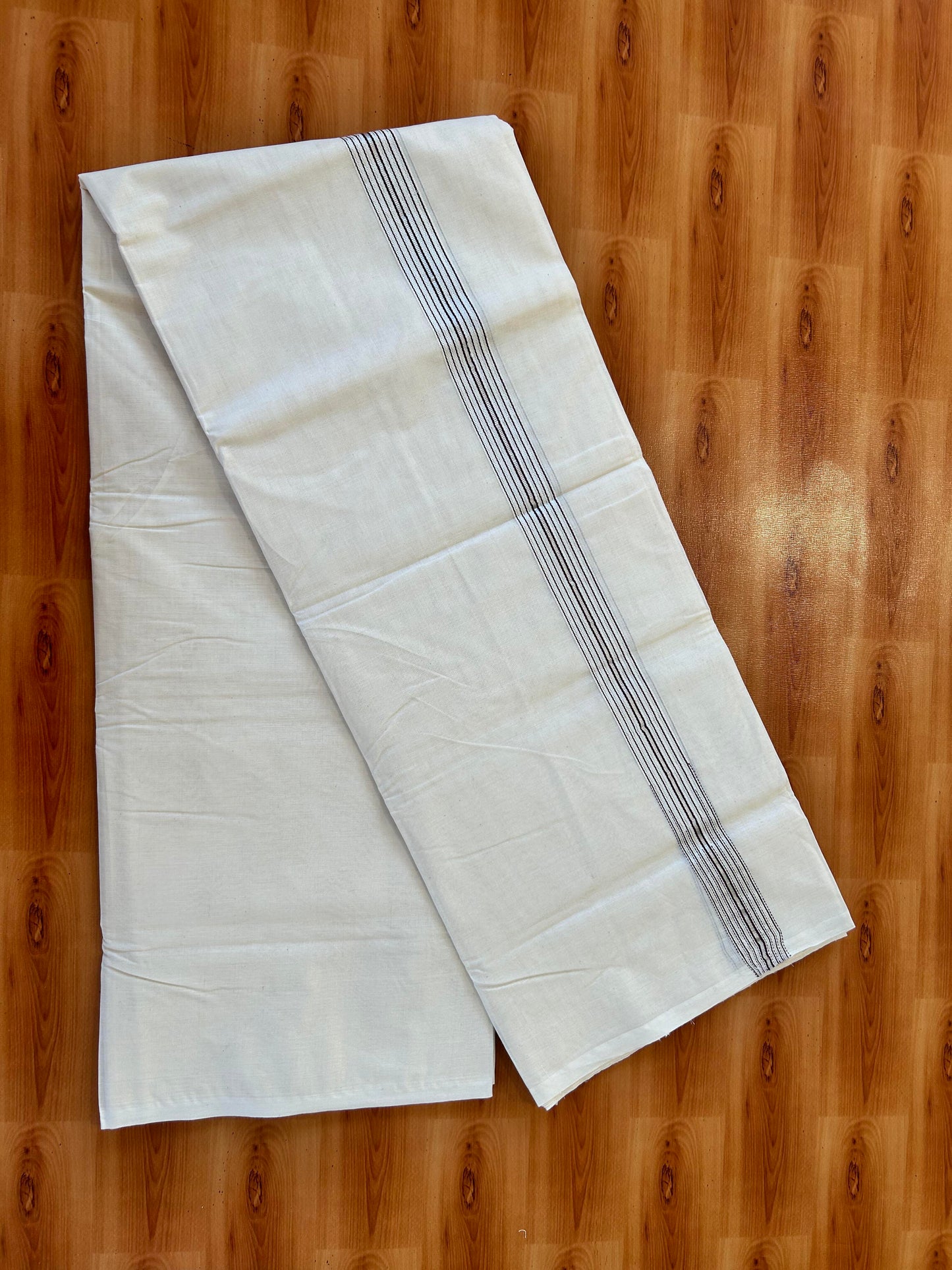 Double Off white Mundu/Dhoti - 20% Discount! KaithariKada Balaramapuram - 100% Cotton  100x100 - 1.25 inch Puliyilakkara Silver Kasav & Purple 12 Line Chutty Kara - 4 mtr (8.5 muzham) - 11 KK5457 ASH