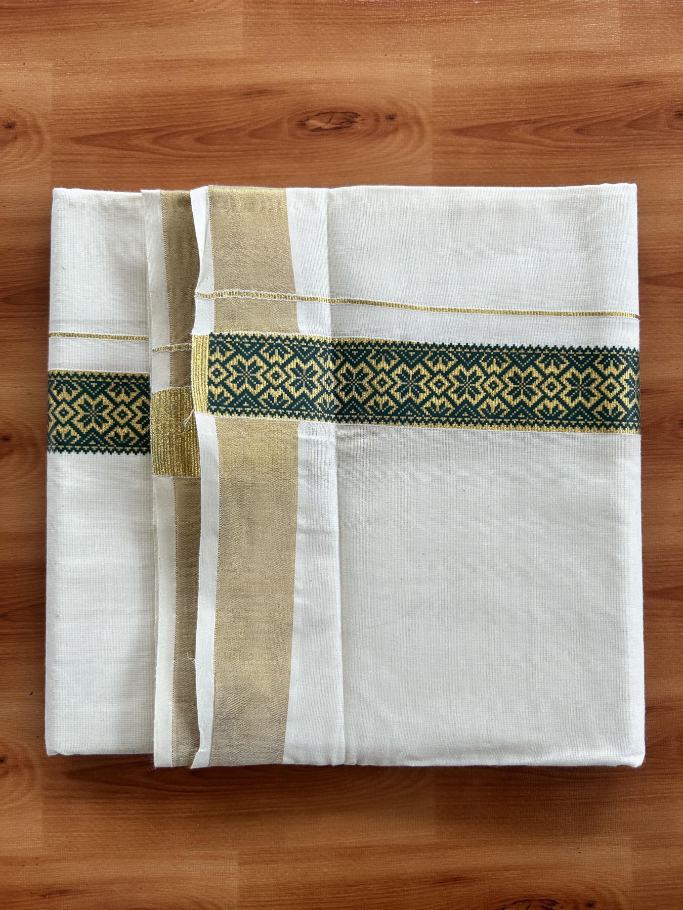 Double Off White - (Unbleached) Mundu/Dhoti- 20% Discount!! KaithariKada Balaramapuram 100% Cotton 60s - 1.5 inch Gold Kasav with Green Printed Design Kara - 12 KK5408 GAN