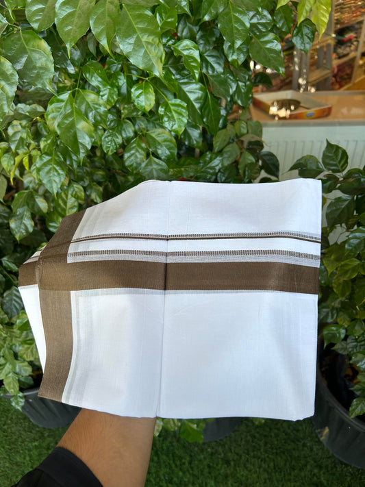 20% Discount ! Kaitharikada Balaramapuram 100% Cotton Pure White Double Mundu/Dothi - 100x80 - 1.5 inch Chocolate Brown Shaded Stripes Kara 3.90 m (8 muzham) - 50 KK5364 MC
