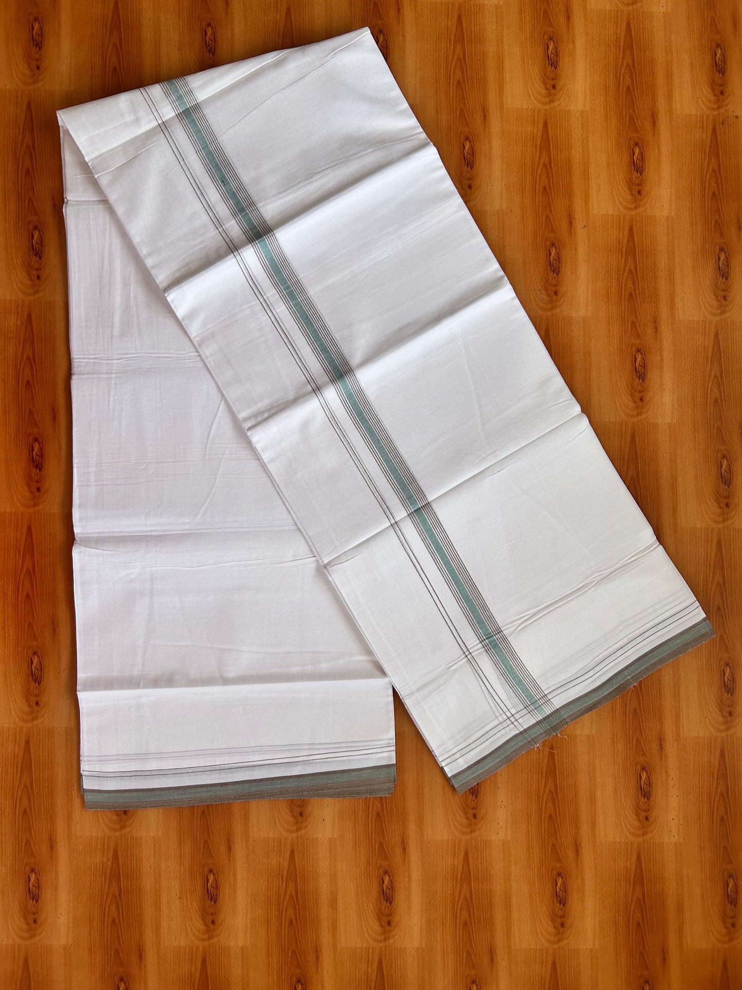 Pure White Double Mundu/Dhoti - 20% Discount ! Kaitharikada 100% Cotton  - 100x80 - 0.75 inch Brown & Teal green Stripes Kara 3.90 mtr (8.5 muzham) - 12 KK5490 VAS