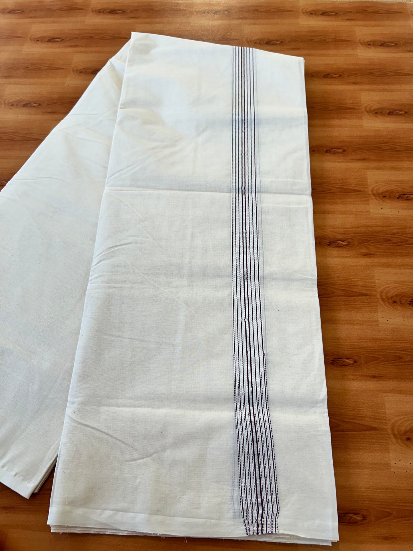 Double Off white Mundu/Dhoti - 20% Discount! KaithariKada Balaramapuram - 100% Cotton  100x100 - 1.25 inch Puliyilakkara Silver Kasav & Purple 12 Line Chutty Kara - 4 mtr (8.5 muzham) - 11 KK5457 ASH