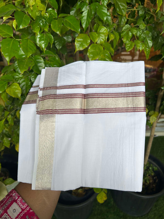 20% Discount!! KaithariKada Balaramapuram 100% Cotton Double Pure White Mundu/Dhoti - 100x100 - 1.5 inch Silver Kasav & Maroon Design Kara 3.90 mtr (8 muzham) - 1 KK5309 GAN