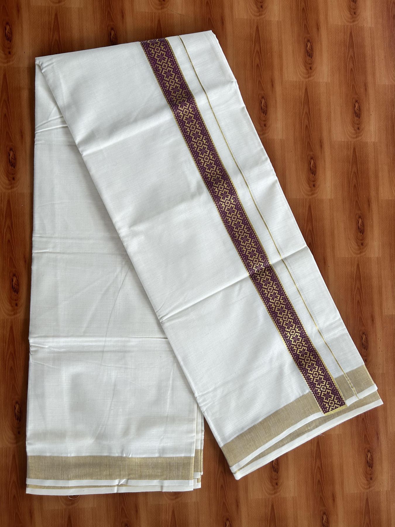 Double Off White - (Unbleached) Mundu/Dhoti- 20% Discount!! KaithariKada Balaramapuram 100% Cotton 60s - 1.5 inch Gold Kasav with Wine Purple Printed Design Kara - 14 KK5408 GAN