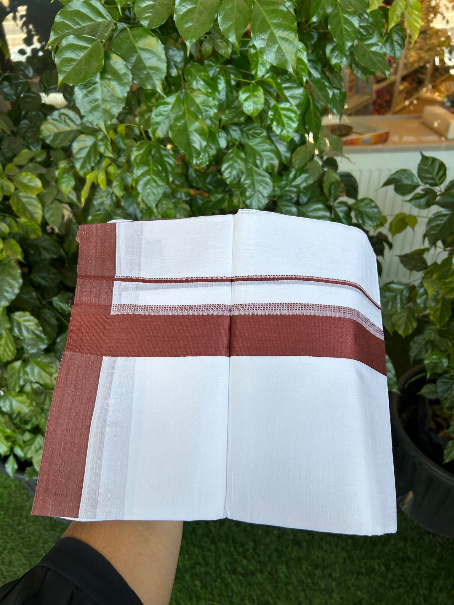 20% Discount ! Kaitharikada Balaramapuram 100% Cotton Pure White Double Mundu/Dothi - 100x80 - 1.5 inch Dark Maroon Shaded Stripes Kara 3.90 m (8 muzham) - 49 KK5364 MC