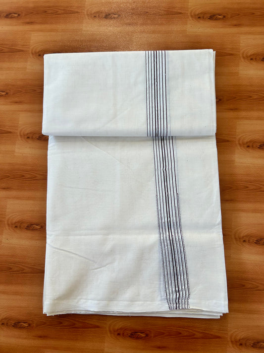 Double Off white Mundu/Dhoti - 20% Discount! KaithariKada Balaramapuram - 100% Cotton  100x100 - 1.25 inch Puliyilakkara Silver Kasav & Purple 12 Line Chutty Kara - 4 mtr (8.5 muzham) - 11 KK5457 ASH