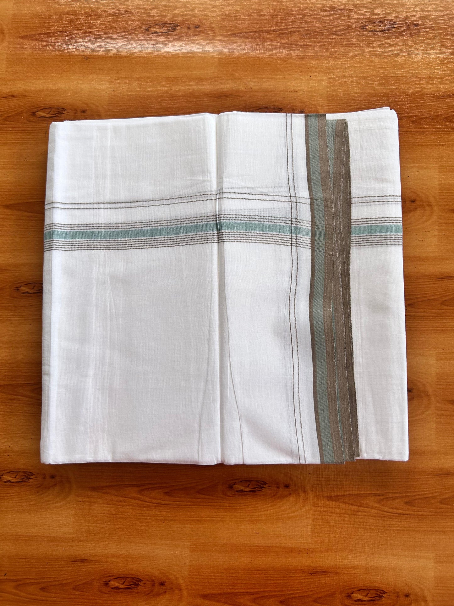 Pure White Double Mundu/Dhoti - 20% Discount ! Kaitharikada 100% Cotton  - 100x80 - 0.75 inch Brown & Teal green Stripes Kara 3.90 mtr (8.5 muzham) - 12 KK5490 VAS