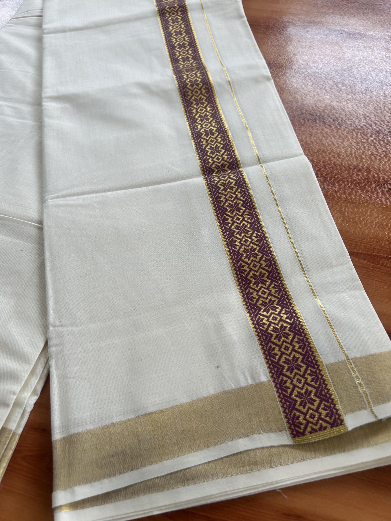 Double Off White - (Unbleached) Mundu/Dhoti- 20% Discount!! KaithariKada Balaramapuram 100% Cotton 60s - 1.5 inch Gold Kasav with Wine Purple Printed Design Kara - 14 KK5408 GAN