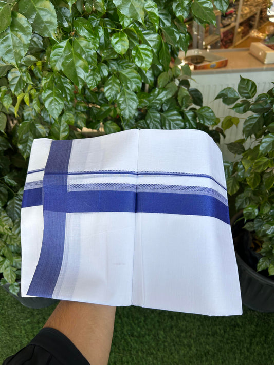20% Discount ! Kaitharikada Balaramapuram 100% Cotton Pure White Double Mundu/Dothi - 100x80 - 1.5 inch Blue Shaded Stripes Kara 3.90 m (8 muzham) - 48 KK5364 MC