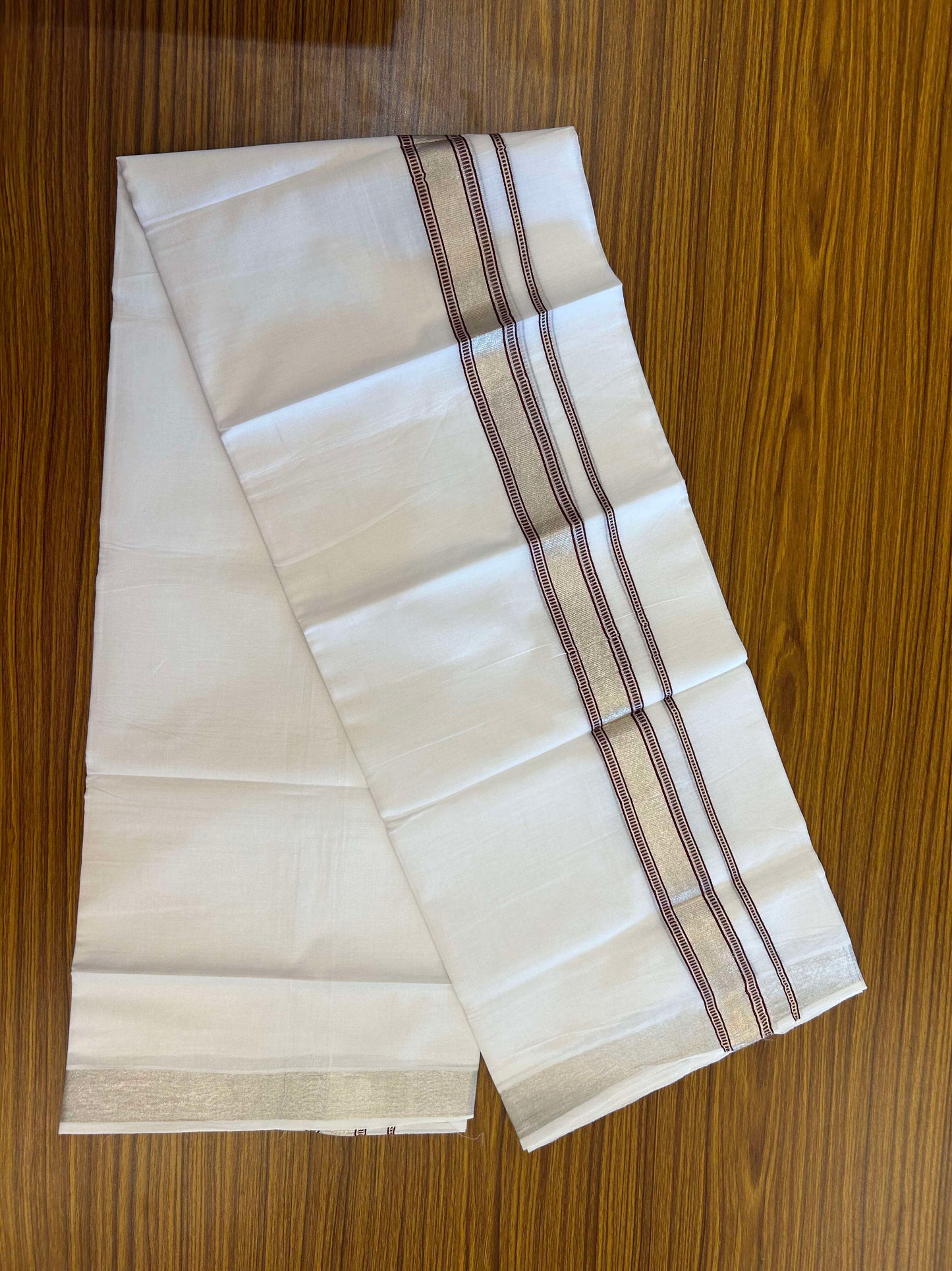 20% Discount!! KaithariKada Balaramapuram 100% Cotton Double Pure White Mundu/Dhoti - 100x100 - 1.5 inch Silver Kasav & Maroon Design Kara 3.90 mtr (8 muzham) - 1 KK5309 GAN