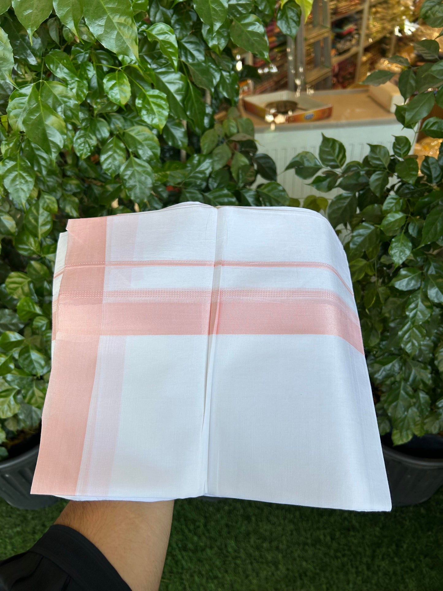 20% Discount ! Kaitharikada Balaramapuram 100% Cotton Pure White Double Mundu/Dothi - 100x80 - 1.5 inch Peach Shaded Stripes Kara 3.90 m (8 muzham) - 47 KK5364 MC