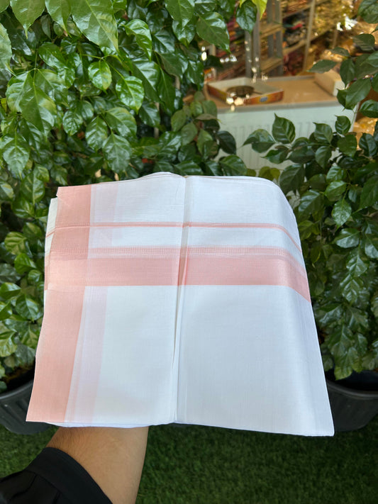 20% Discount ! Kaitharikada Balaramapuram 100% Cotton Pure White Double Mundu/Dothi - 100x80 - 1.5 inch Peach Shaded Stripes Kara 3.90 m (8 muzham) - 47 KK5364 MC