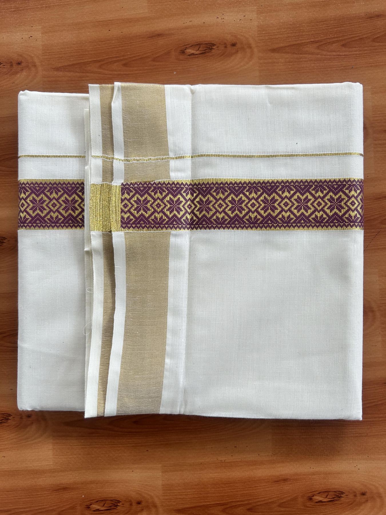 Double Off White - (Unbleached) Mundu/Dhoti- 20% Discount!! KaithariKada Balaramapuram 100% Cotton 60s - 1.5 inch Gold Kasav with Wine Purple Printed Design Kara - 14 KK5408 GAN