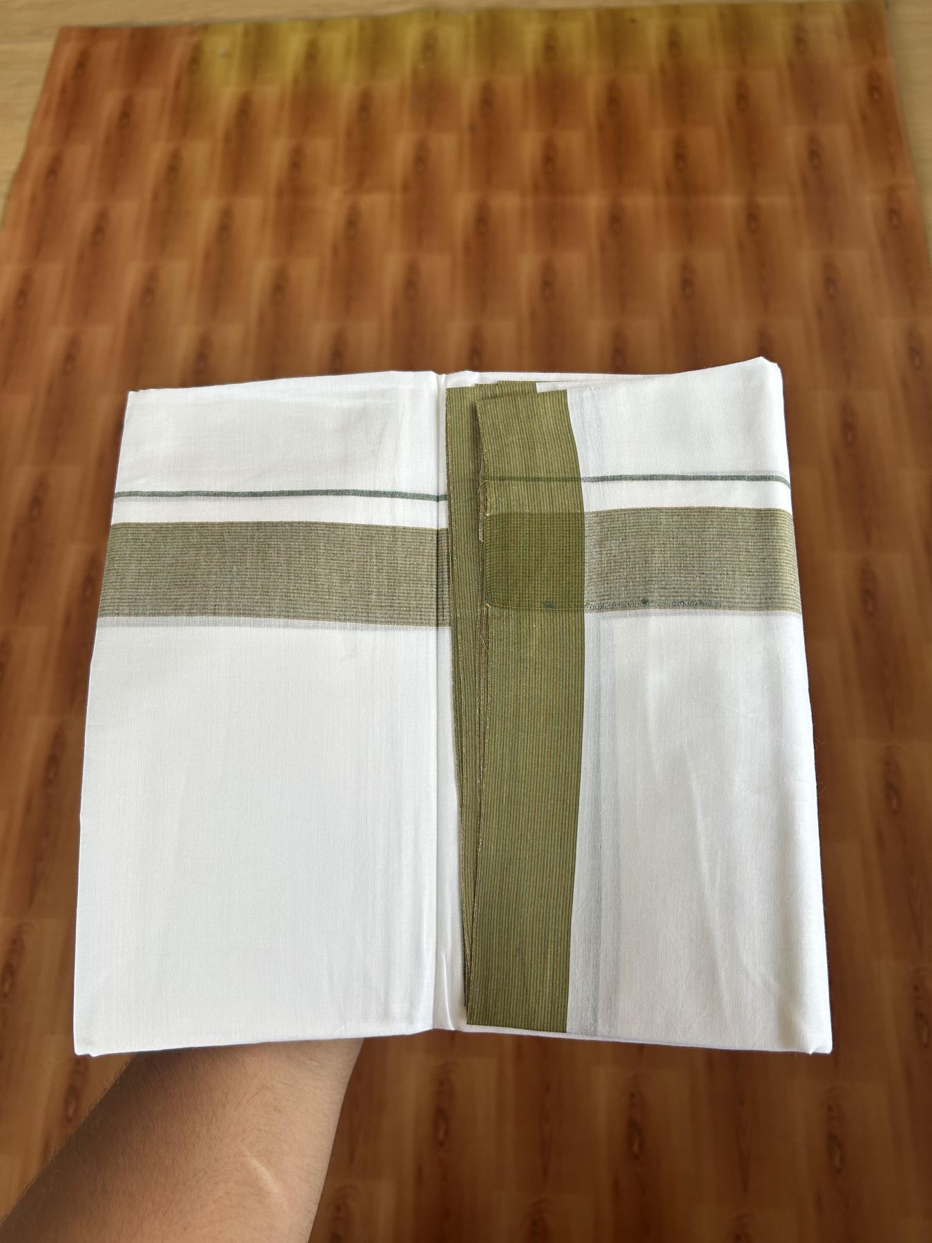 20% Discount ! Kaitharikada Balaramapuram 100% Cotton Pure White Double Mundu/Dothi - 100x80 - 1.5 inch Light Green & Mustard Yellow Stripes Kara 3.80 mtr (8 muzham) - 41 KK5382 VIN