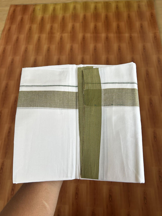 20% Discount ! Kaitharikada Balaramapuram 100% Cotton Pure White Double Mundu/Dothi - 100x80 - 1.5 inch Light Green & Mustard Yellow Stripes Kara 3.80 mtr (8 muzham) - 41 KK5382 VIN