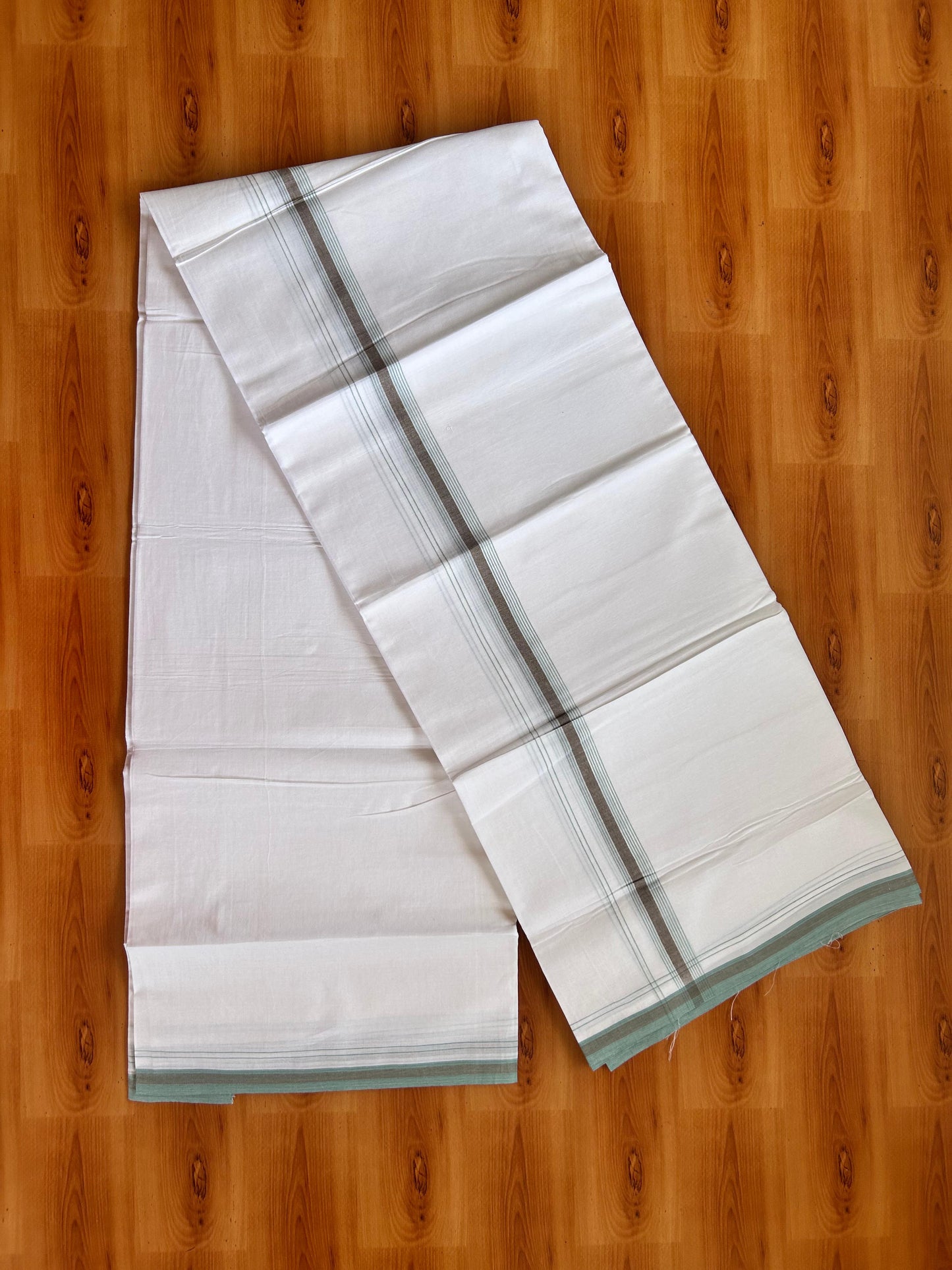 Pure White Double Mundu/Dhoti - 20% Discount ! Kaitharikada 100% Cotton  - 100x80 - 0.75 inch Brown & Teal green Stripes Kara 3.90 mtr (8.5 muzham) - 14 KK5490 VAS