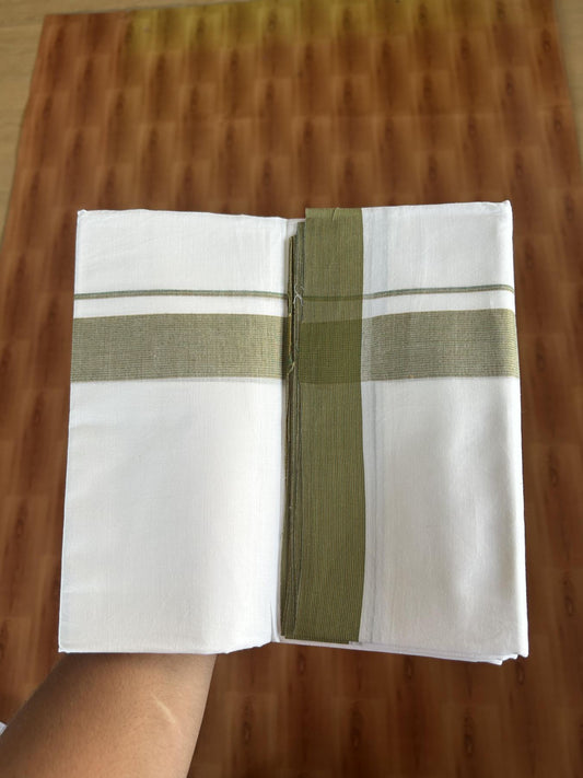 20% Discount ! Kaitharikada Balaramapuram 100% Cotton Pure White Double Mundu/Dothi - 100x80 - 1.5 inch Green & Mustard Yellow Stripes Kara  3.80 mtr (8 muzham) - 43 KK5382 VIN