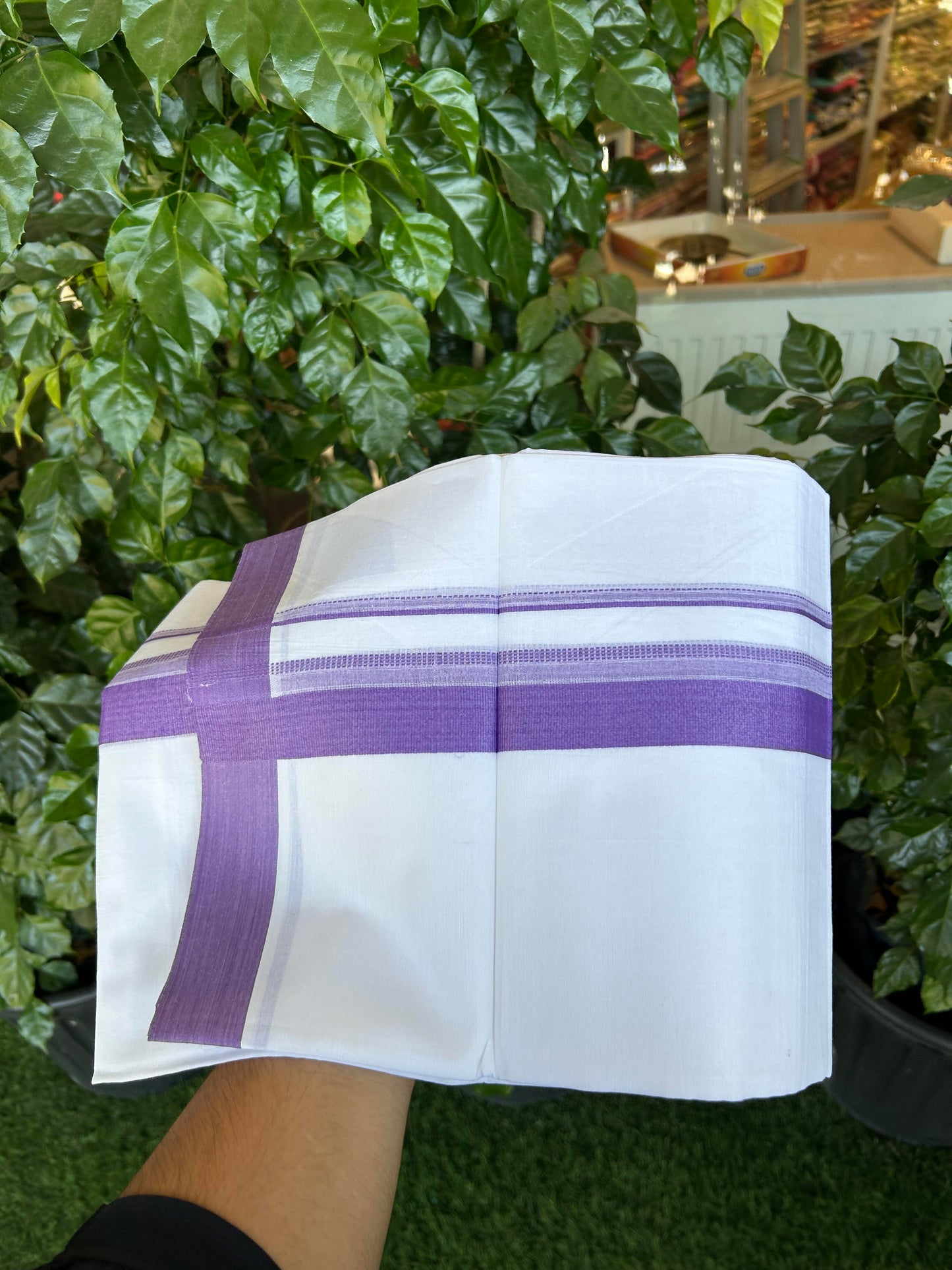 20% Discount ! Kaitharikada Balaramapuram 100% Cotton Pure White Double Mundu/Dothi - 100x80 - 1.5 inch Lavender Shaded Stripes Kara 3.90 m (8 muzham) - 46 KK5364 MC