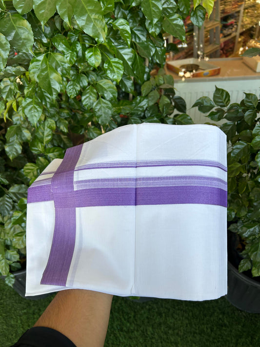 20% Discount ! Kaitharikada Balaramapuram 100% Cotton Pure White Double Mundu/Dothi - 100x80 - 1.5 inch Lavender Shaded Stripes Kara 3.90 m (8 muzham) - 46 KK5364 MC