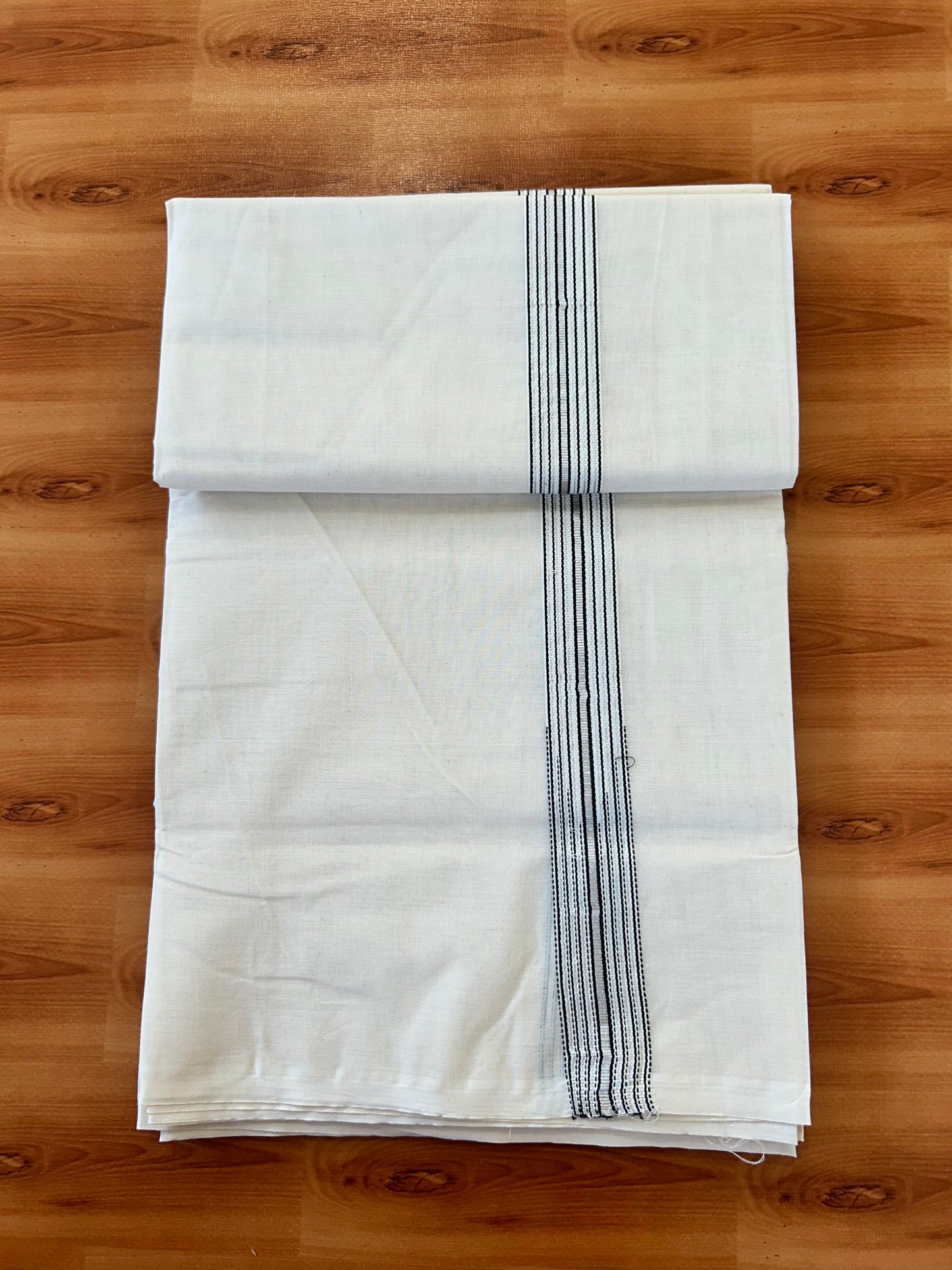 Double Off white Mundu/Dhoti - 20% Discount! KaithariKada Balaramapuram - 100% Cotton  100x100 - 1.25 inch Puliyilakkara Silver Kasav & Black 12 Line Chutty Kara - 4 mtr (8.5 muzham) - 12 KK5457 ASH
