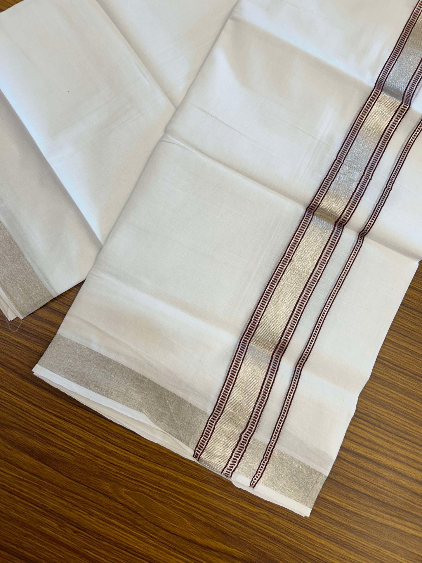 20% Discount!! KaithariKada Balaramapuram 100% Cotton Double Pure White Mundu/Dhoti - 100x100 - 1.5 inch Silver Kasav & Maroon Design Kara 3.90 mtr (8 muzham) - 1 KK5309 GAN
