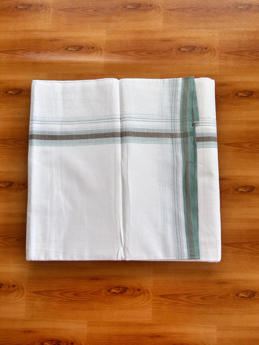 Pure White Double Mundu/Dhoti - 20% Discount ! Kaitharikada 100% Cotton  - 100x80 - 0.75 inch Brown & Teal green Stripes Kara 3.90 mtr (8.5 muzham) - 14 KK5490 VAS