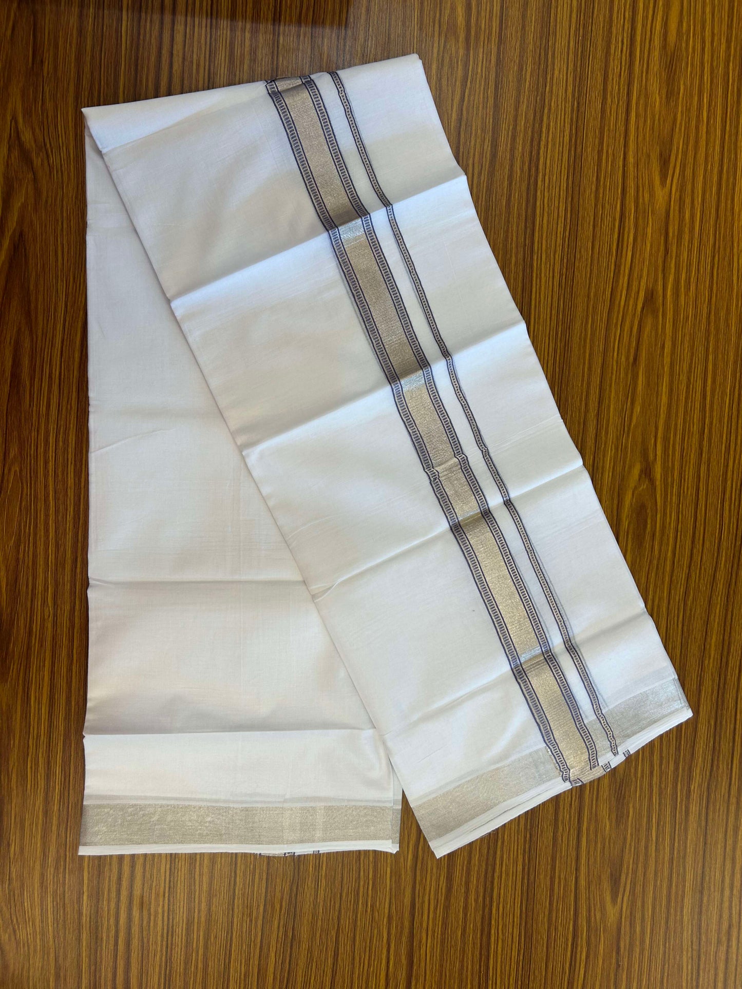 20% Discount!! KaithariKada Balaramapuram 100% Cotton Double Pure White Mundu/Dhoti - 100x100 - 1.5 inch Silver Kasav & Lavender Design Kara 3.90 mtr (8 muzham) - 2 KK5309 GAN