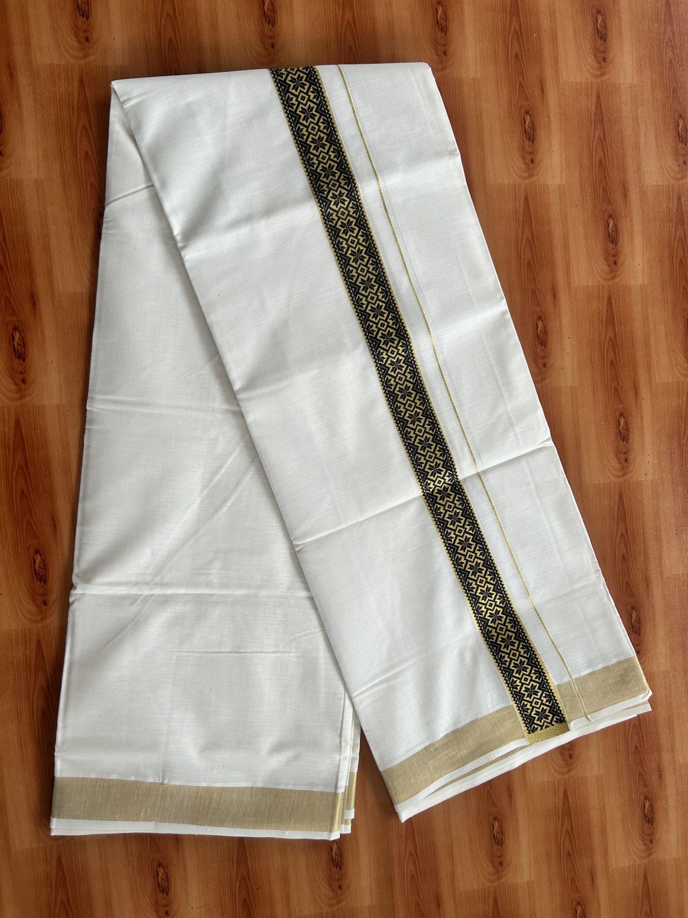Double Off White - (Unbleached) Mundu/Dhoti- 20% Discount!! KaithariKada Balaramapuram 100% Cotton 60s - 1.5 inch Gold Kasav with Black Printed Design Kara - 10 KK5408 GAN