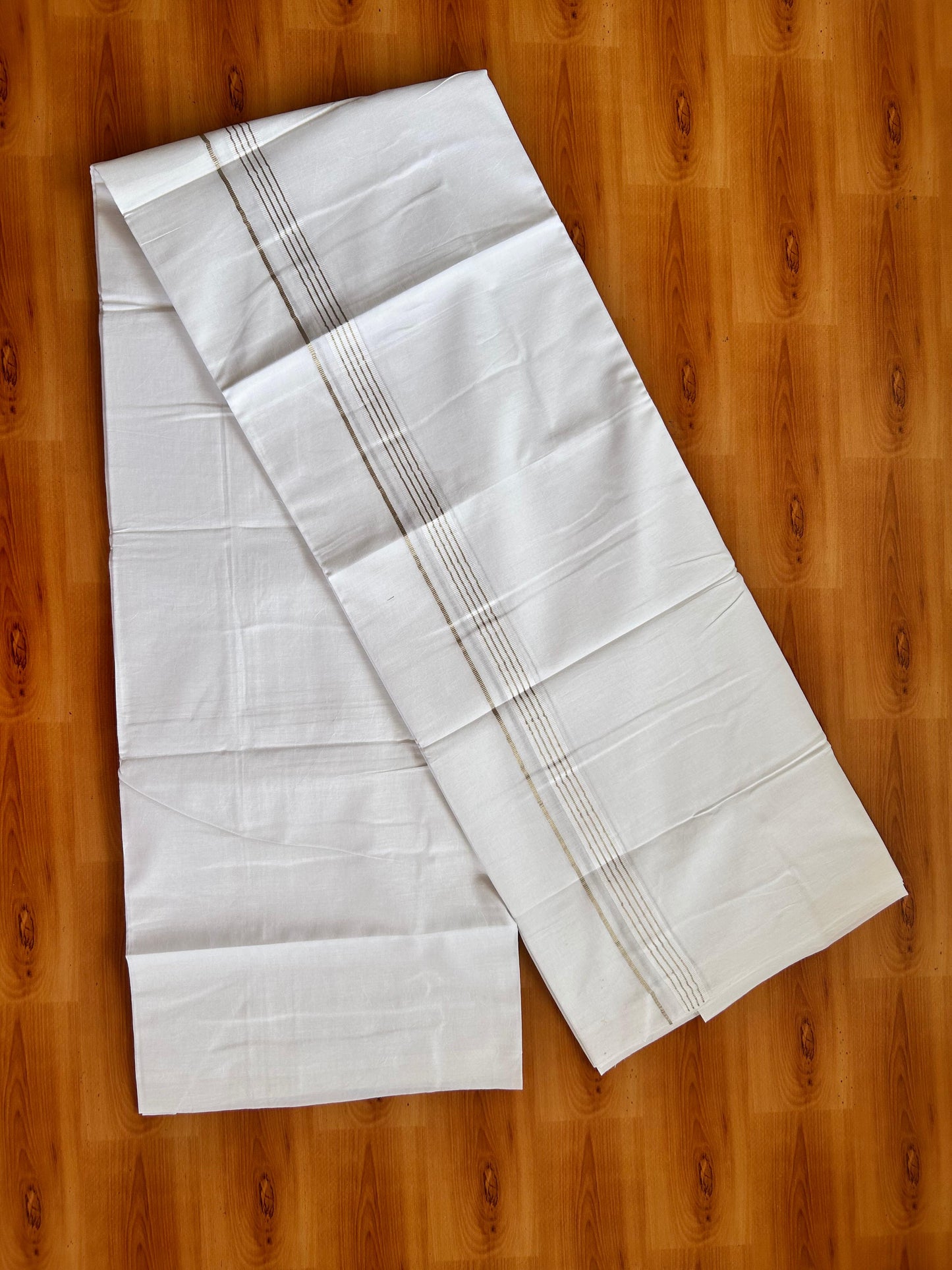 Double Pure White Mundu/Dhoti - 20% Discount !! KaithariKada Balaramapuram 100% Cotton - 100x80 - 0.75 inch Silver Kasav Striped Kara 3.90 mtr (8.5 muzham) - 11 KK5490 VAS