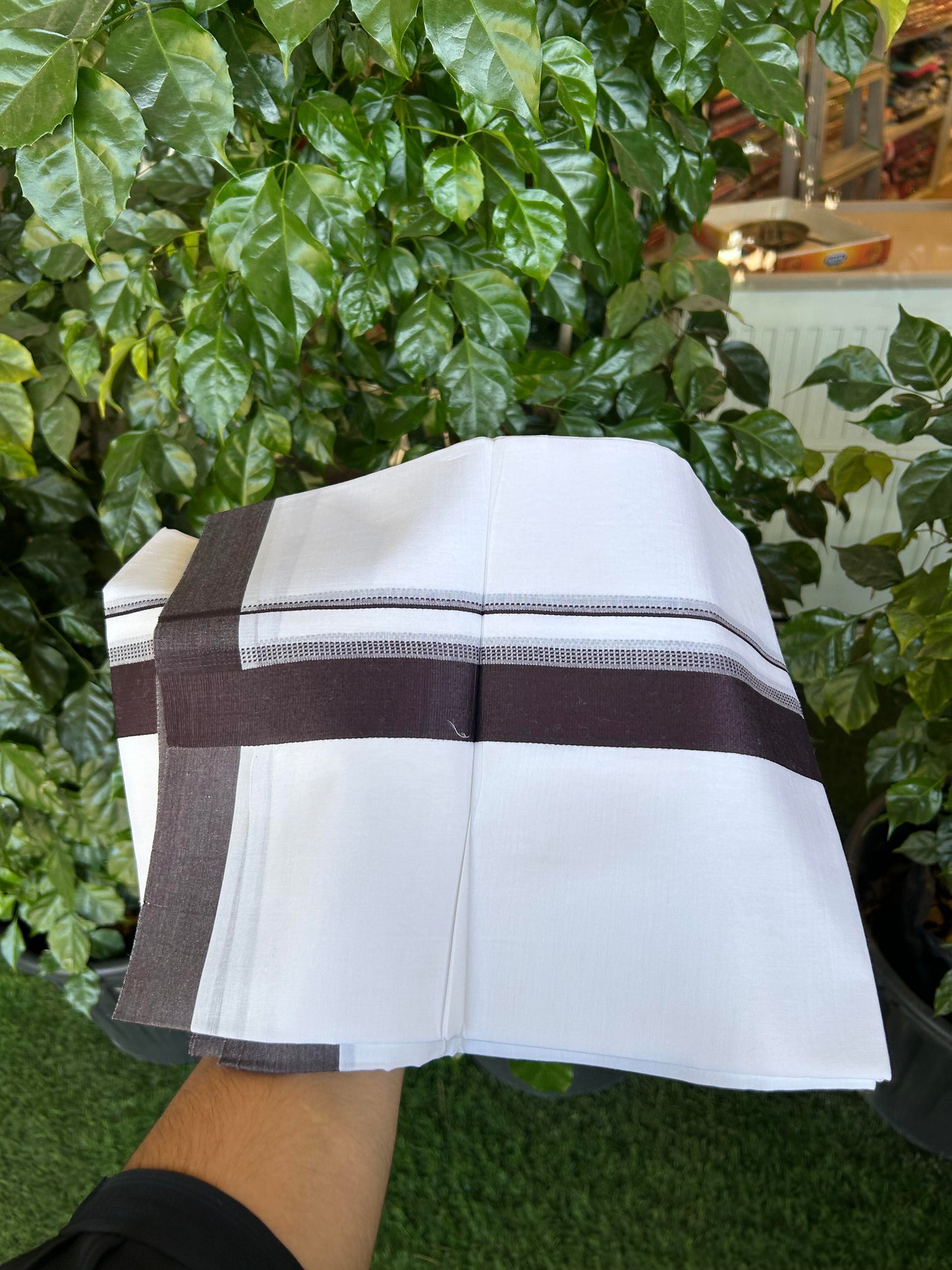 20% Discount ! Kaitharikada Balaramapuram 100% Cotton Pure White Double Mundu/Dothi - 100x80 - 1.5 inch Dark Wine Shaded Stripes Kara 3.90 m (8 muzham) - 62 KK5364 MC