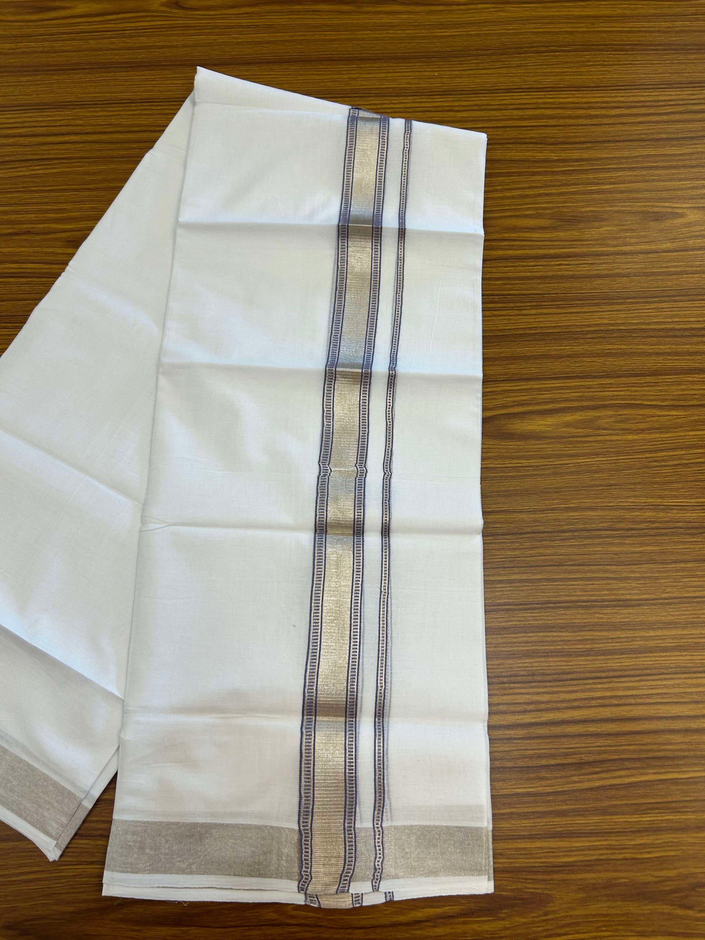 20% Discount!! KaithariKada Balaramapuram 100% Cotton Double Pure White Mundu/Dhoti - 100x100 - 1.5 inch Silver Kasav & Lavender Design Kara 3.90 mtr (8 muzham) - 2 KK5309 GAN