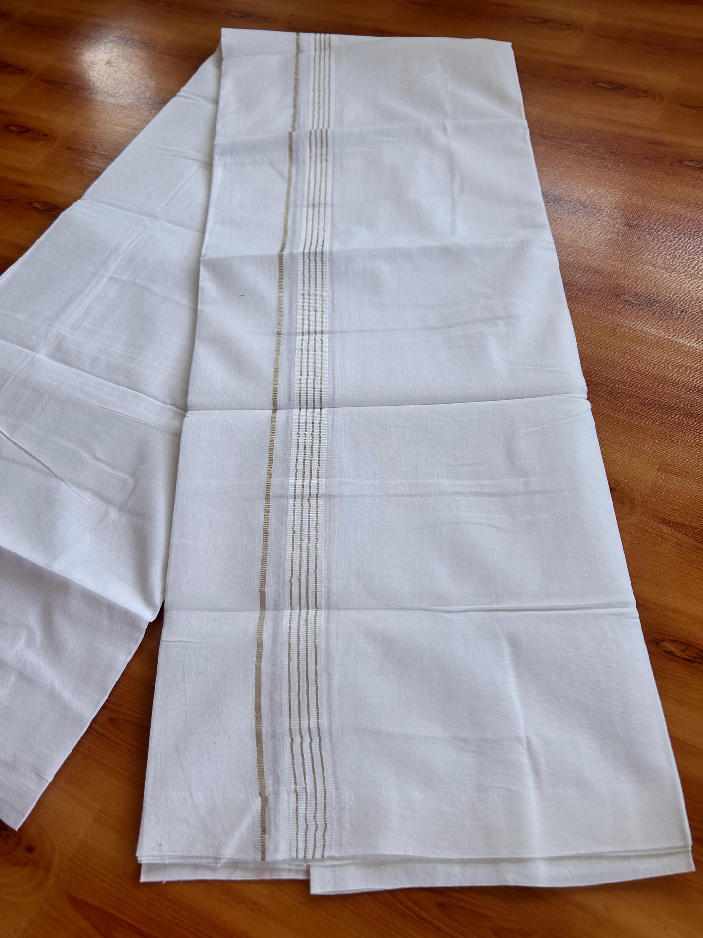 Double Pure White Mundu/Dhoti - 20% Discount !! KaithariKada Balaramapuram 100% Cotton - 100x80 - 0.75 inch Silver Kasav Striped Kara 3.90 mtr (8.5 muzham) - 11 KK5490 VAS