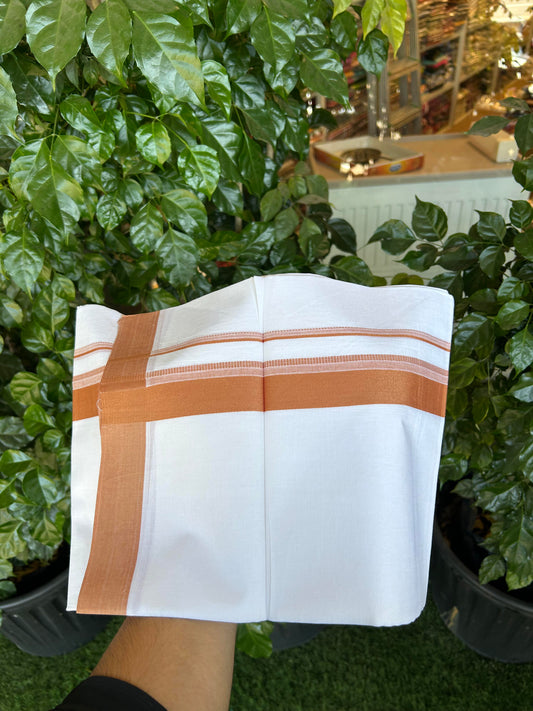 20% Discount ! Kaitharikada Balaramapuram 100% Cotton Pure White Double Mundu/Dothi - 100x80 - 1.5 inch Orange Brown Shaded Stripes Kara 3.90 m (8 muzham) - 44 KK5364 MC