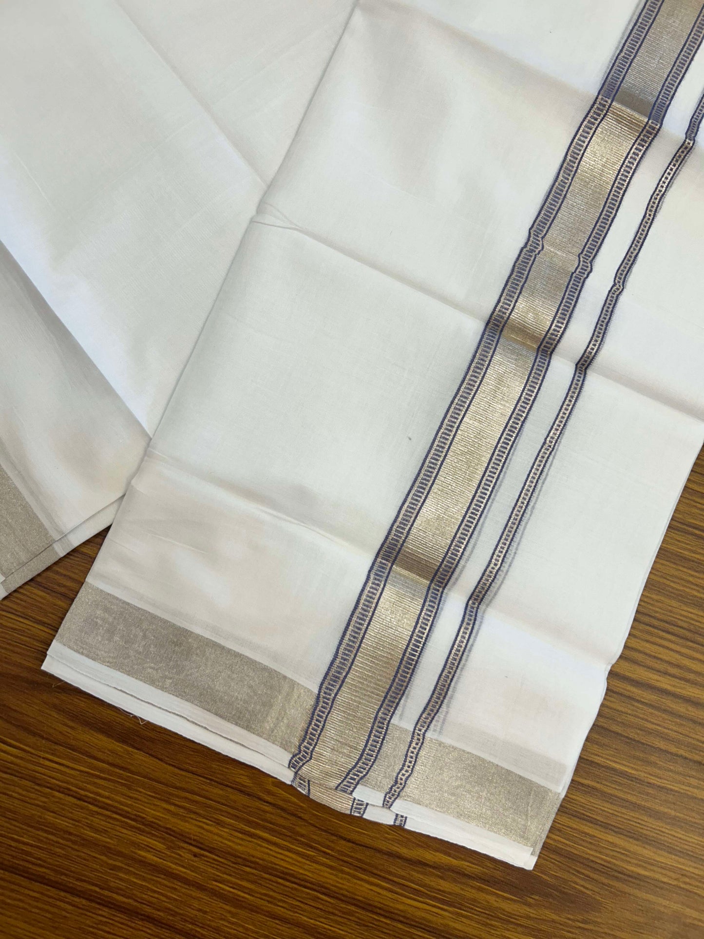 20% Discount!! KaithariKada Balaramapuram 100% Cotton Double Pure White Mundu/Dhoti - 100x100 - 1.5 inch Silver Kasav & Lavender Design Kara 3.90 mtr (8 muzham) - 2 KK5309 GAN