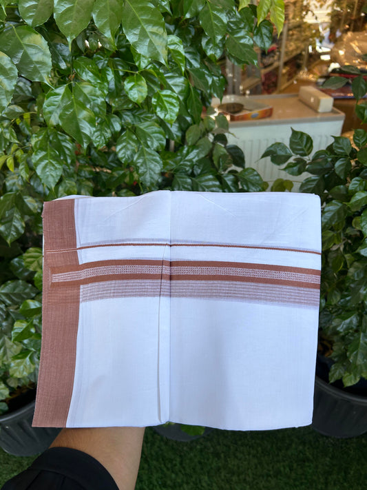 20% Discount ! Kaitharikada Balaramapuram 100% Cotton Pure White Double Mundu/Dothi - 100x80 - 2 inch Brown Shaded Stripes Kara 3.90 m (8 muzham) - 23 KK5364 MC