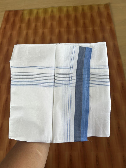 20% Discount ! Kaitharikada Balaramapuram 100% Cotton Pure White Double Mundu/Dothi - 100x80 - 1.5 inch Brown & Blue Stripes Kara 4 mtr (8.5 muzham) - 4 KK5382 VIN